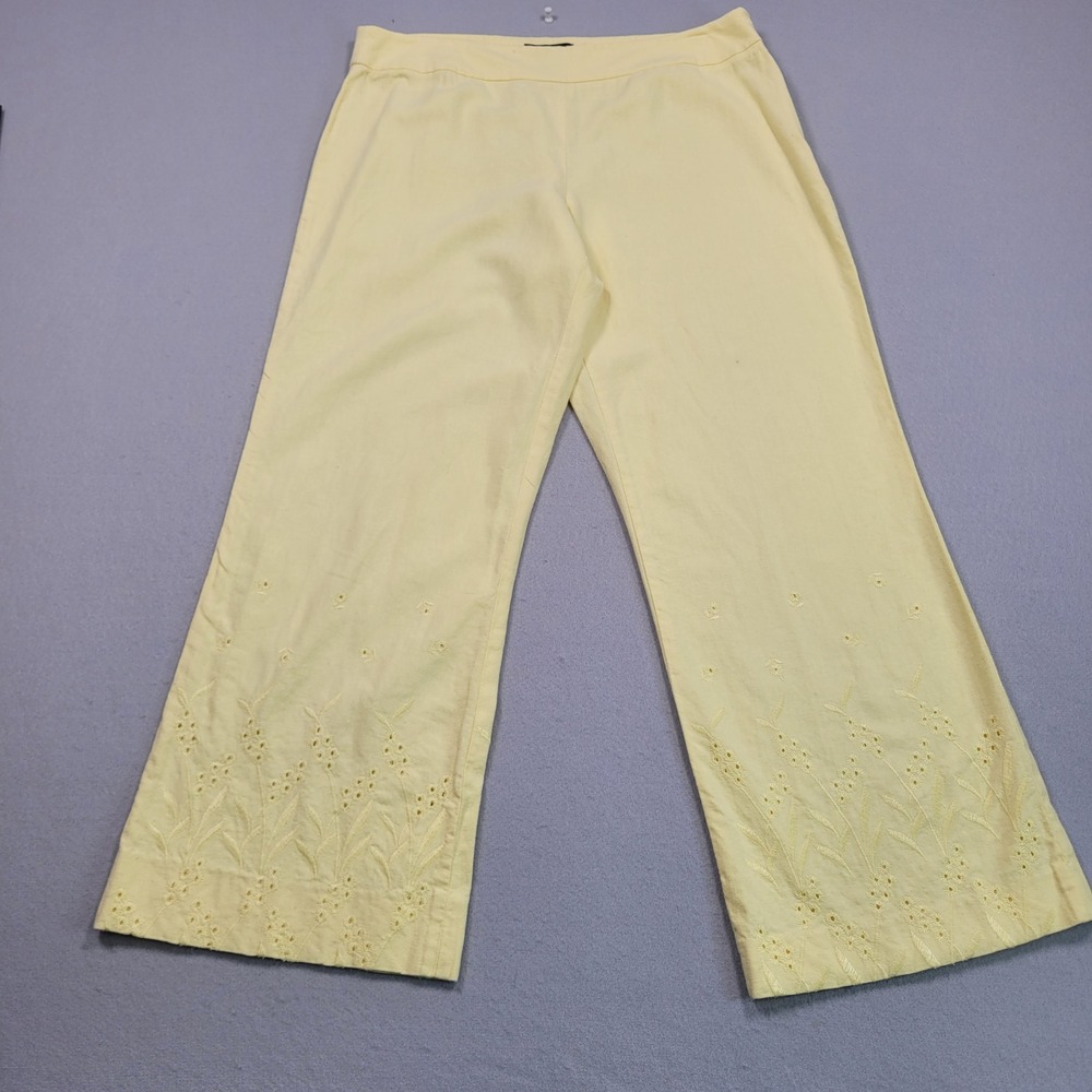 MAK New York Yellow Linen Blend Floral Embroidered Wide‎ Leg Pants Size 12